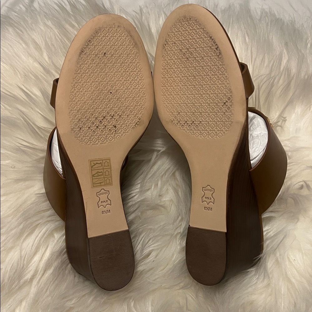 Tory Burch Tan Leather Double-Strap Slide Sandals with Gold Logo - Picture 3 of 5
